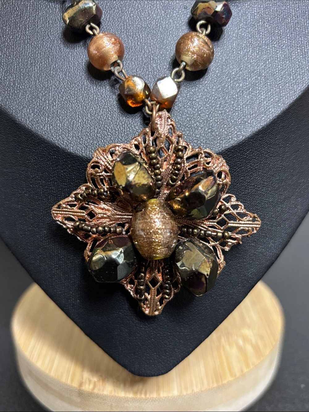 Handcrafted Glass Copper & Brown Beaded Floral Pendant Necklace - Picture 2 of 8